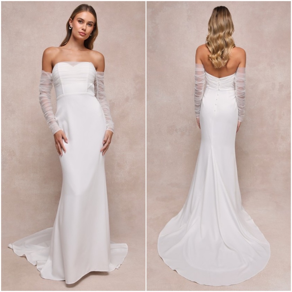 NWT LULUS Satin Ruched Tulle‎ Long Sleeve Off Shoulder Bustier Gown With Train S